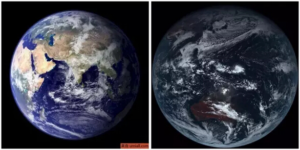 ▲左圖：地球原本的樣子 右圖：日本氣象衛星發回的地球照片